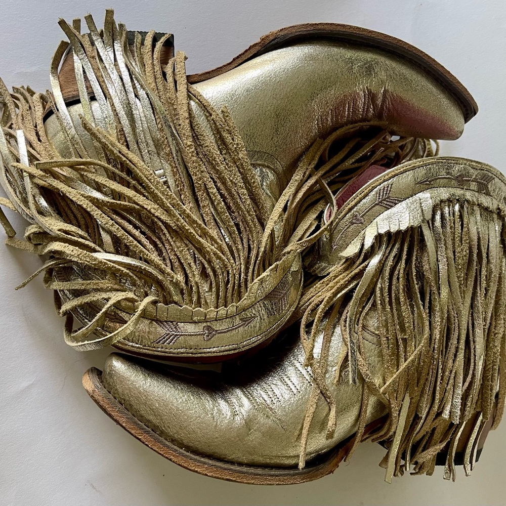 JUNK GYPSY by Lane Spitfire Gold Fringed leather cowboy Boots booties SNIP TOE - Picture 2 of 9